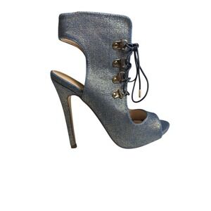 Shoe Dazzle NWOT S 7.5 Metallic denim lace up stiletto heels y2k glam  peep toe